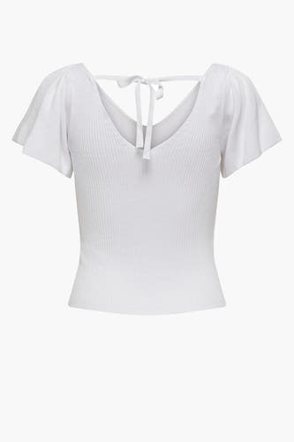 T-shirt blanc à manches courtes d'ONLY, avec un tissage en côtes et un détail de nœud sur le dos.