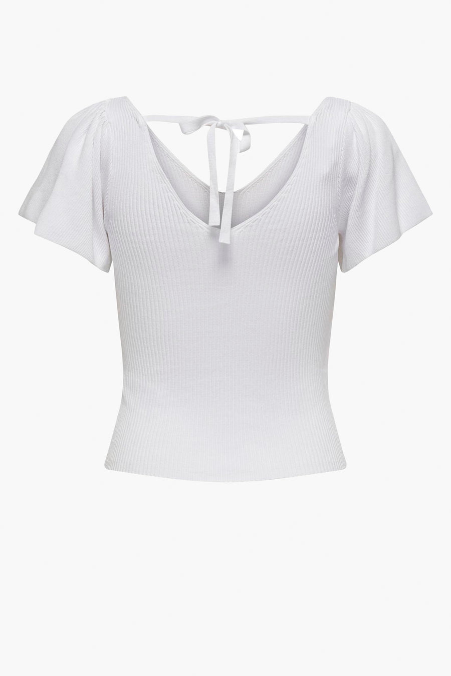 T-shirt blanc à manches courtes d'ONLY, avec un tissage en côtes et un détail de nœud sur le dos.