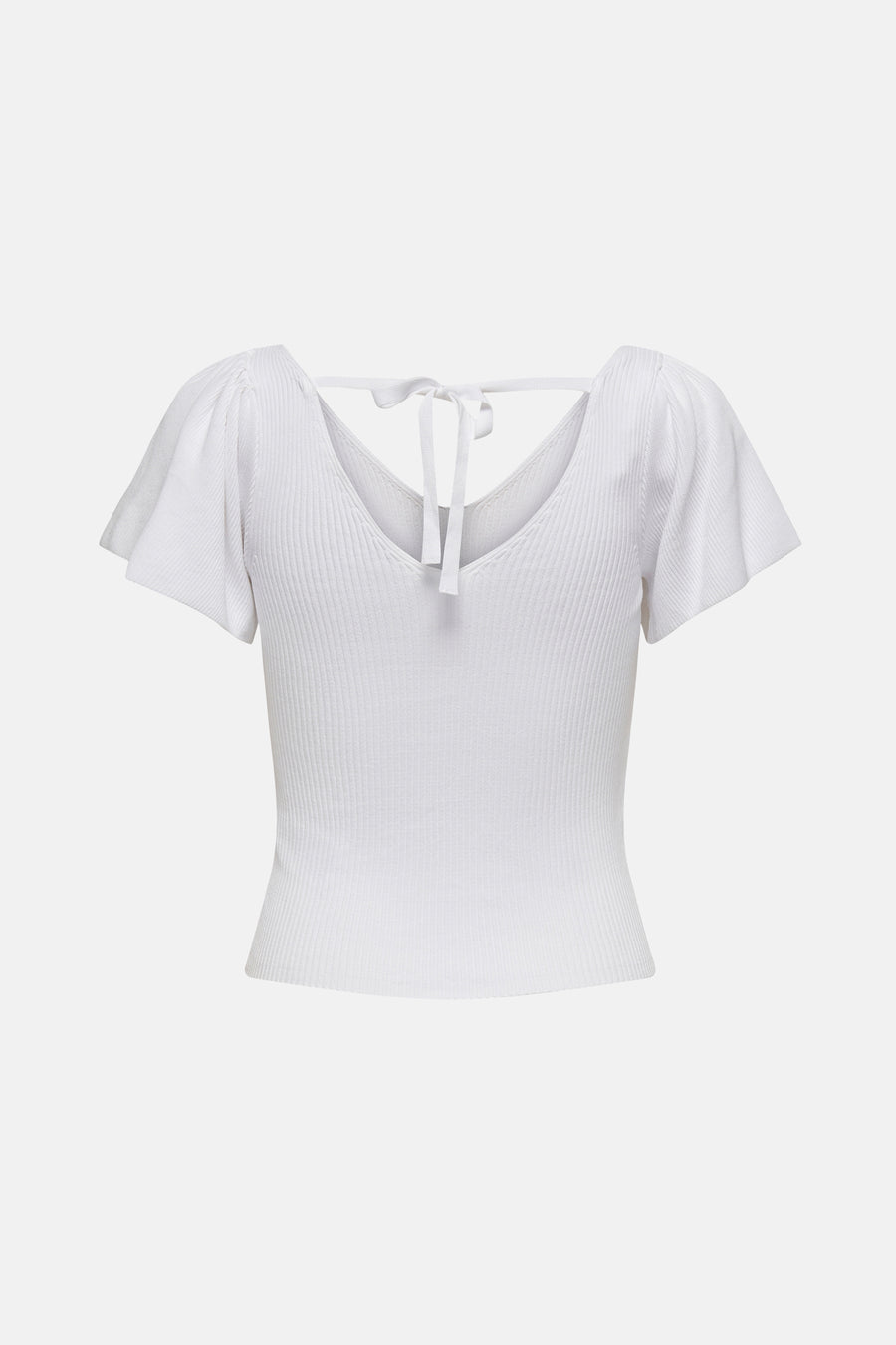 T-shirt blanc à manches courtes d'ONLY, avec col V et détail de cordon sur le dos.