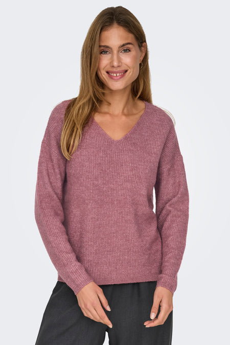 Gilet V-hals rose de ONLY, avec des manches longues et une texture fine.