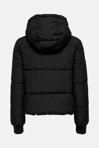 Manteau doublé de coton noir avec capuchon, dos.