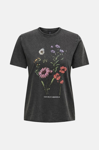 T-shirt noir à manches courtes de ONLY, avec imprimé de fleurs et le texte 'Stay Wild Flowerchild'.