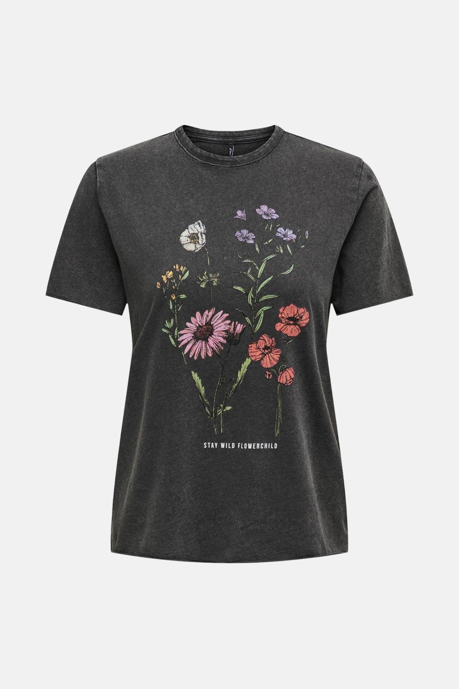 T-shirt noir à manches courtes de ONLY, avec imprimé de fleurs et le texte 'Stay Wild Flowerchild'.