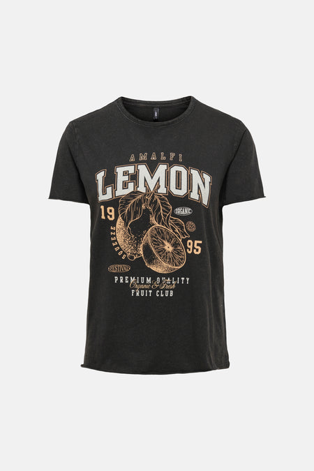T-shirt gris à manches courtes ONLY, avec un imprimé citron vintage et des détails graphiques.
