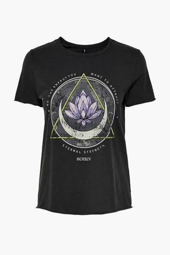 T-shirt noir de ONLY avec une lotus, une lune et un triangle en jaune et le texte 'Force Éternelle'.