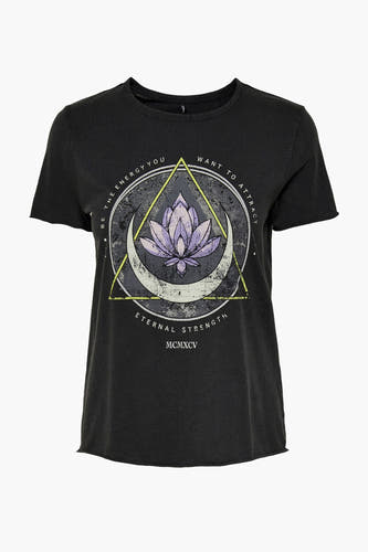 T-shirt noir de ONLY avec une impression graphique d'une fleur de lotus et d'une demi-lune.