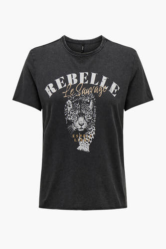 T-shirt noir ONLY avec un lavage vintage et une impression de tête de tigre avec des accents dorés.