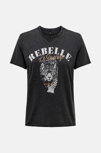 T-shirt noir de ONLY avec une impression graphique d'un lionceau et le texte "Rebelle le Sauvage".
