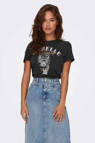 T-shirt noir de ONLY avec "Rebel Le Sauvage" et imprimé léopard.