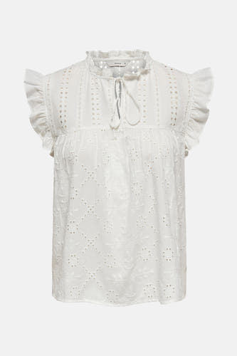 Blouse sans manches blanche de ONLY, avec des détails sur les bords, une encolure froncée et un détail de col rayé.