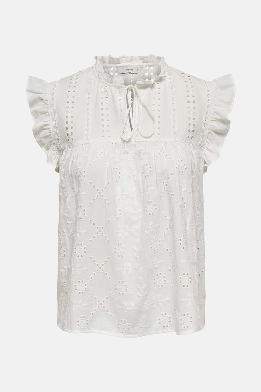 Witte blouse met broderie en ruches.
