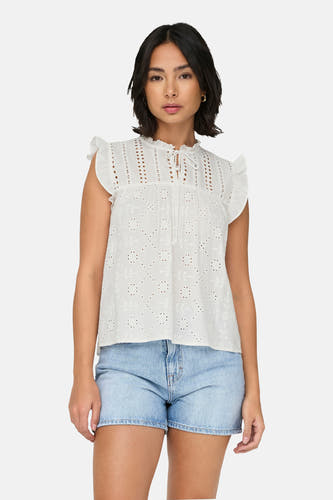 Blouse blanche d'ONLY, avec des détails brodés, des manches courtes avec des plis et une fermeture éclair.