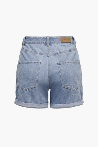 Spijkerbroek kort, lichtblauwe denim, omgeslagen rand.