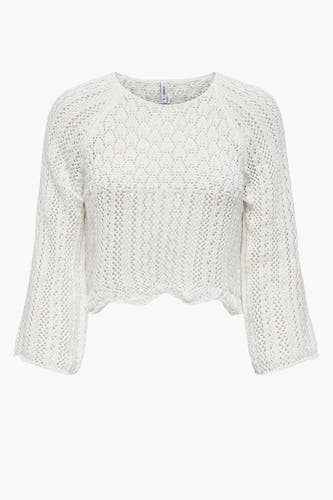 Pull en couleur écru d'ONLY, col rond, tricoté ouvert avec manches longues et ourlet godronné.