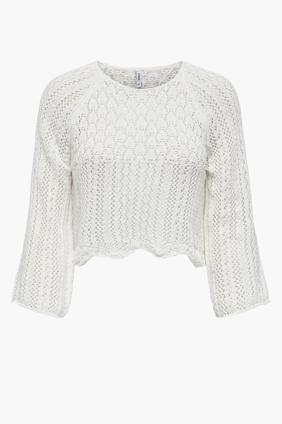 Pull en couleur écru d'ONLY, col rond, tricoté ouvert avec manches longues et ourlet godronné.
