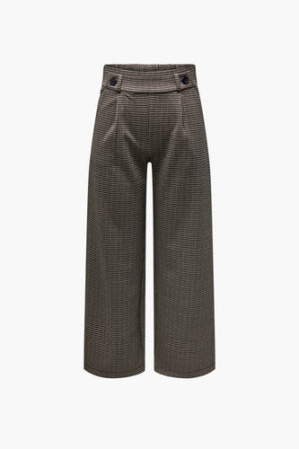 Pantalon gris de JDY avec un motif à carreaux brun-noir et des jambes larges, fermé par deux boutons.