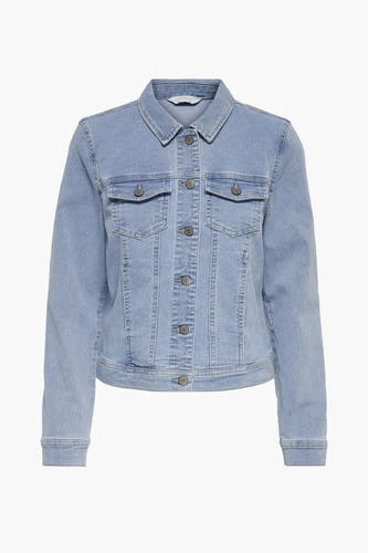 Veste en denim bleu clair d'ONLY, avec poches poitrine et fermeture à boutons.