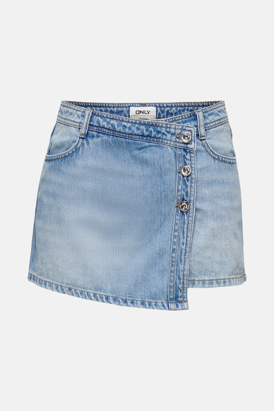 Short light blue denim skirt from ONLY, with a front closure and an asymmetrical hem.