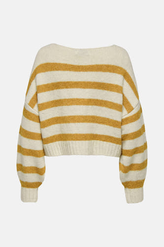 T-shirt écru avec col rond de ONLY, avec des rayures jaunes et des manches longues.