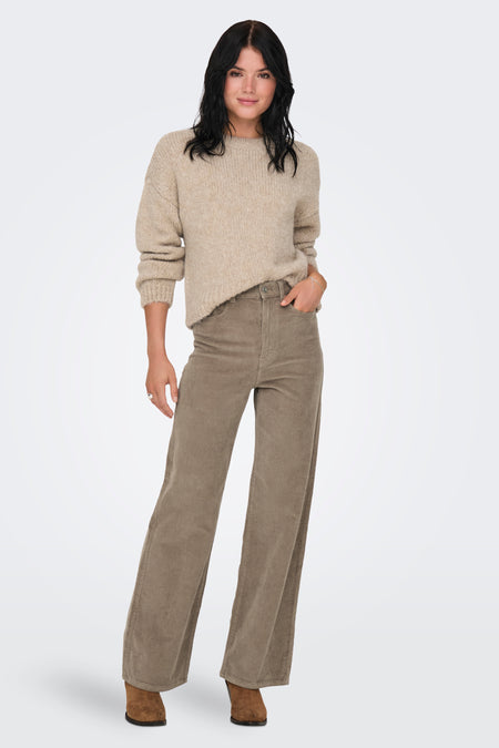 Pantalon brun de ONLY, associé à une veste beige et des chaussures brunes.