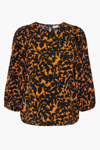Blouse orange de JDY avec imprimé feuilles noires et manches ballon trois quarts, vue arrière.