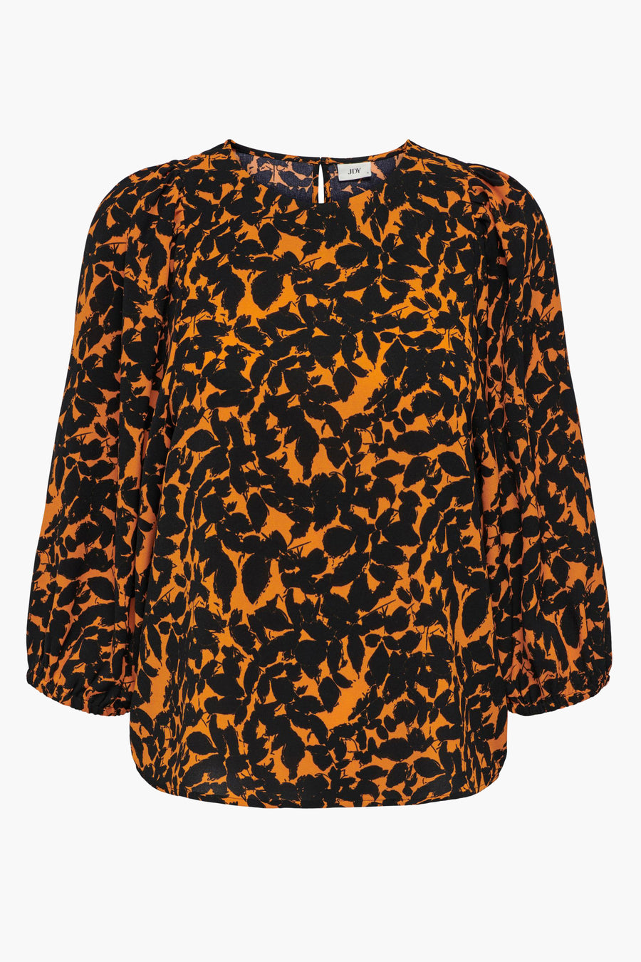 Blouse orange de JDY avec imprimé feuilles noires et manches ballon trois quarts, vue arrière.