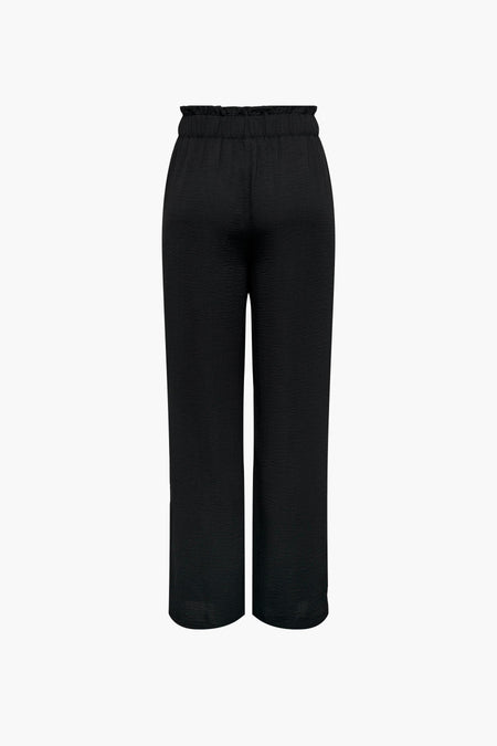 Pantalon noir JDY, avec une ceinture élastique plissée et une texture subtile.