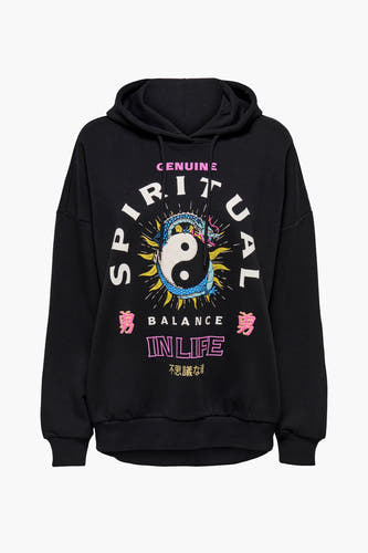 Pull noir ONLY avec imprimé spirituel de dragon et symbole yin-yang et détails roses.