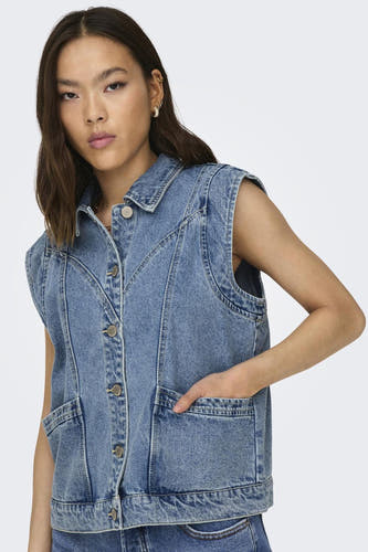 Veste en jeans sans manches ONLY, en denim bleu marine avec poches et fermeture à boutons.