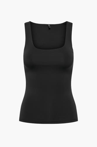 Top noir ONLY, avec un décolleté carré et une texture lisse.