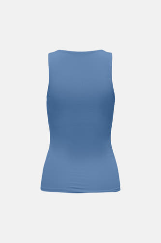 Haut bleue ONLY® sans manches, à côtes et col rond, vue arrière.