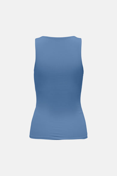 Haut bleue ONLY® sans manches, à côtes et col rond, vue arrière.