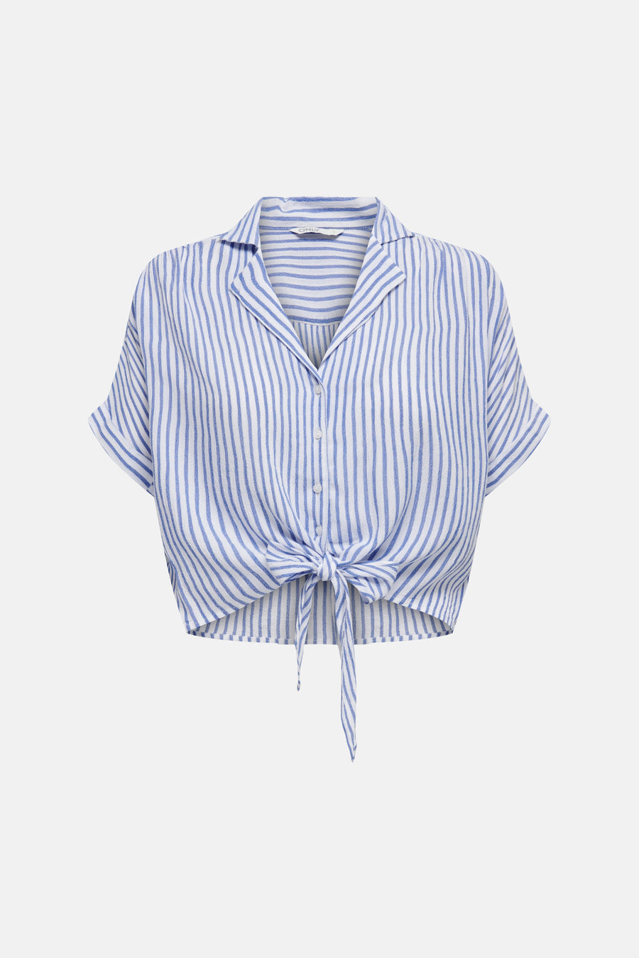 Chemise blanche à manches courtes ONLY® avec rayures bleues, col ouvert et nœud à nouer à l'ourlet.