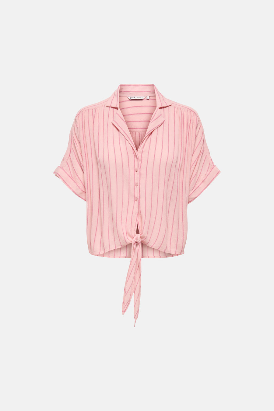 Chemise rose à manches courtes ONLY, avec des rayures verticales et un nœud à nouer à l'ourlet.