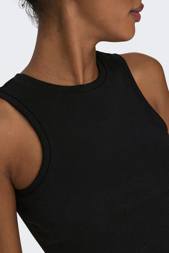 T-shirt sans manches noir ONLY, avec une texture rayée et un col rond.