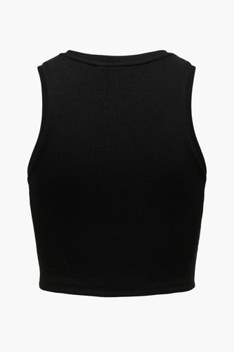 T-shirt sans manches noir d'ONLY, avec une texture rayée et un col rond, vu de dos.