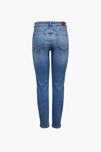 Blauwe straight jeans van ONLY, met een bruin leren merklabel op de tailleband.
