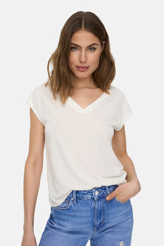T-shirt blanc à manches courtes d'ONLY, uni et avec un col V.