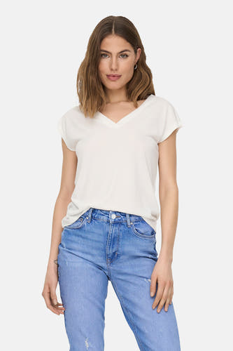 T-shirt blanc à manches courtes d'ONLY, couleur unie et col V.