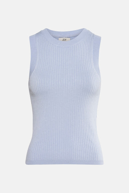 T-shirt sans manches bleu de JDY, avec une texture côtelée et un col rond, vu de l'arrière.