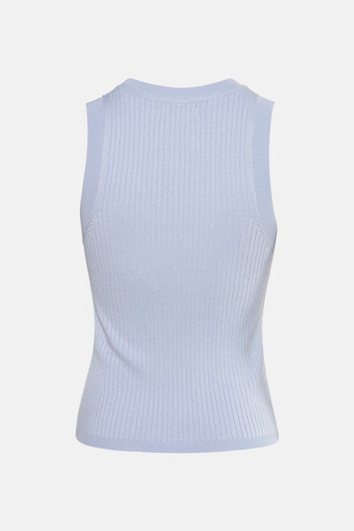 Blauw mouwloos shirt van JDY, met een ribgebreide textuur en een ronde halslijn, gezien van de achterkant.
