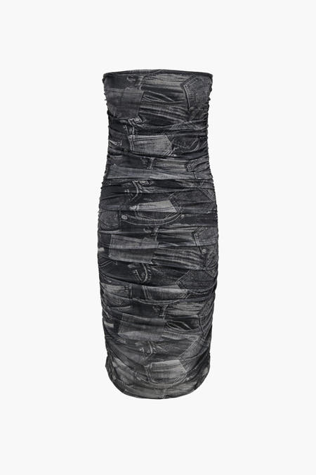 Jupe noire sans manches d'ONLY, avec un imprimé denim et un effet drapé.