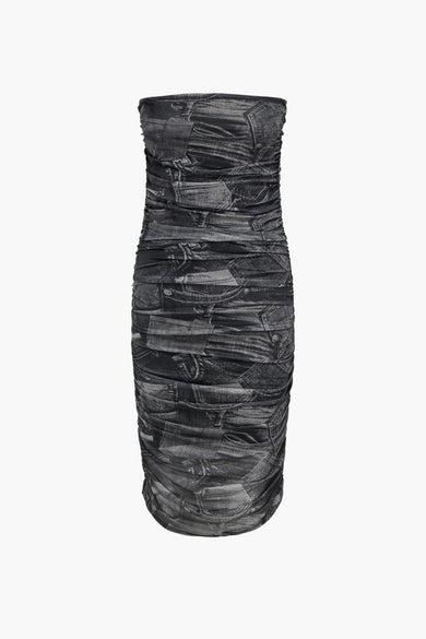 Jupe noire sans manches d'ONLY, avec un imprimé denim et un effet drapé.