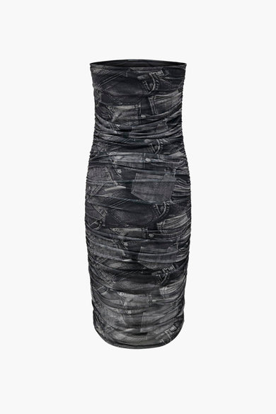 Jupe sans manches noire d'ONLY, avec une impression denim remarquable et un design drapé.