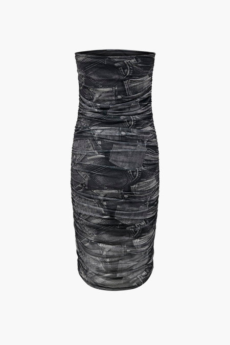 Jupe sans manches noire d'ONLY, avec une impression denim remarquable et un design drapé.