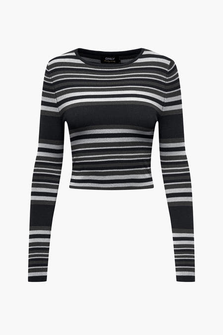 Sweat-shirt multicolore à col rond de ONLY, avec un motif rayé en noir, gris et blanc.