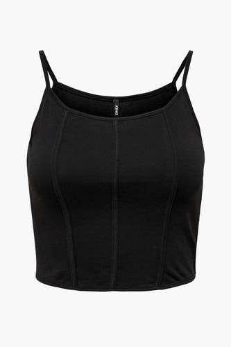 Zwarte top met spaghettibandjes van ONLY® met ribtextuur en verticale paneelnaden.