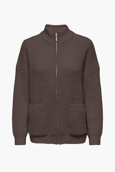 Gilet tricoté marron de ONLY, avec des manches longues, une fermeture à glissière et des poches.