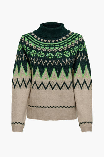 Pull à col roulé multicolore de JDY avec motifs jacquard verts et beiges.