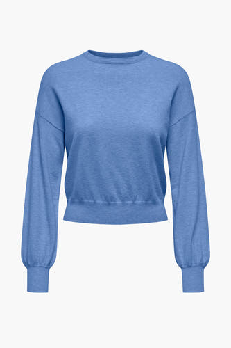 Pullover bleu avec encolure ronde de la marque ONLY, avec manches longues et une texture unie.